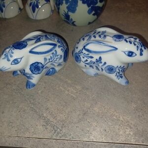 Blue and White Floral Ceramic Rabbits